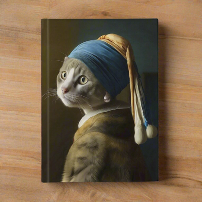 Cat with pearl earring hradback journal.