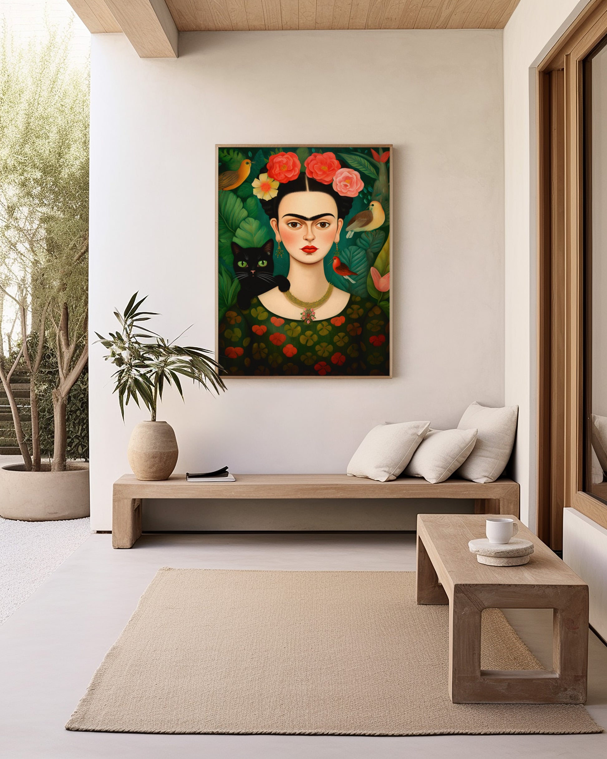 Frida Kahlo with black cat print | Different sizes and canvas - The Hue Map