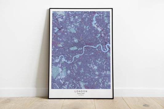 London city map print in purple tones.