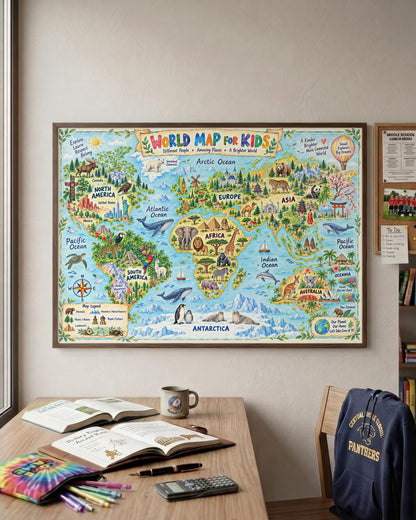 A colorful illustrated world map for kids hangs on a beige wall above a wooden desk with open books, a mug, and school supplies. The map features cartoon animals and continents in bright pastel and saturated colors.