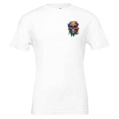 A white short-sleeve crewneck t-shirt featuring a colorful graphic of a sugar skull adorned with flowers on the left chest, displayed on a clean white background.