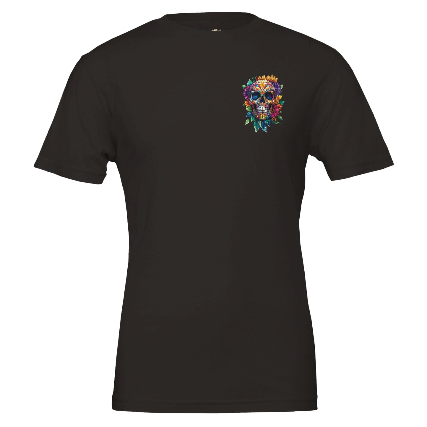 A black short-sleeve crewneck t-shirt featuring a colorful sugar skull graphic on the left chest, displayed against a solid white background.