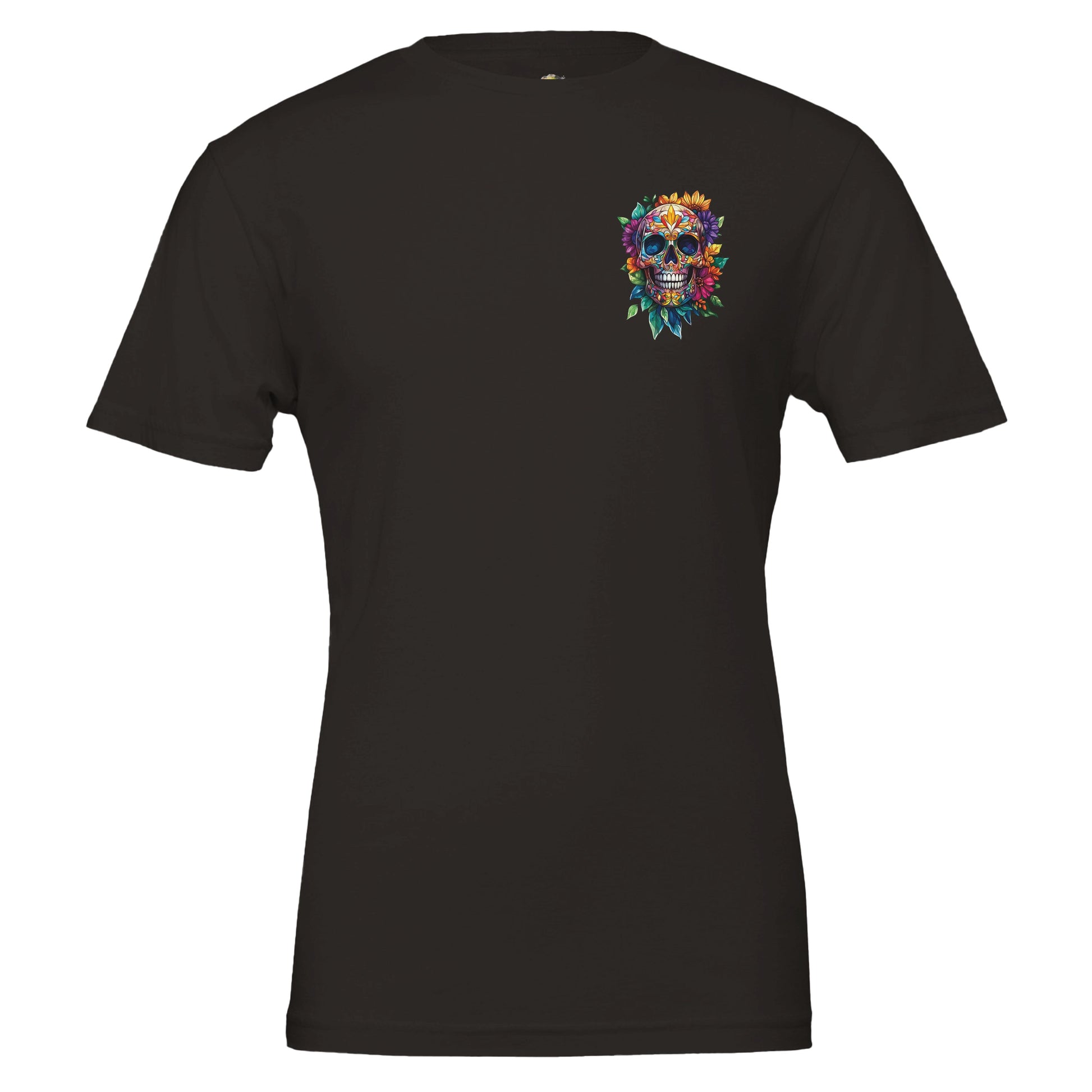 A black short-sleeve crewneck t-shirt featuring a colorful sugar skull graphic on the left chest, displayed against a solid white background.