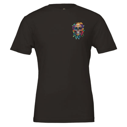 A black short-sleeve crewneck t-shirt featuring a colorful sugar skull graphic on the left chest, displayed against a solid white background.