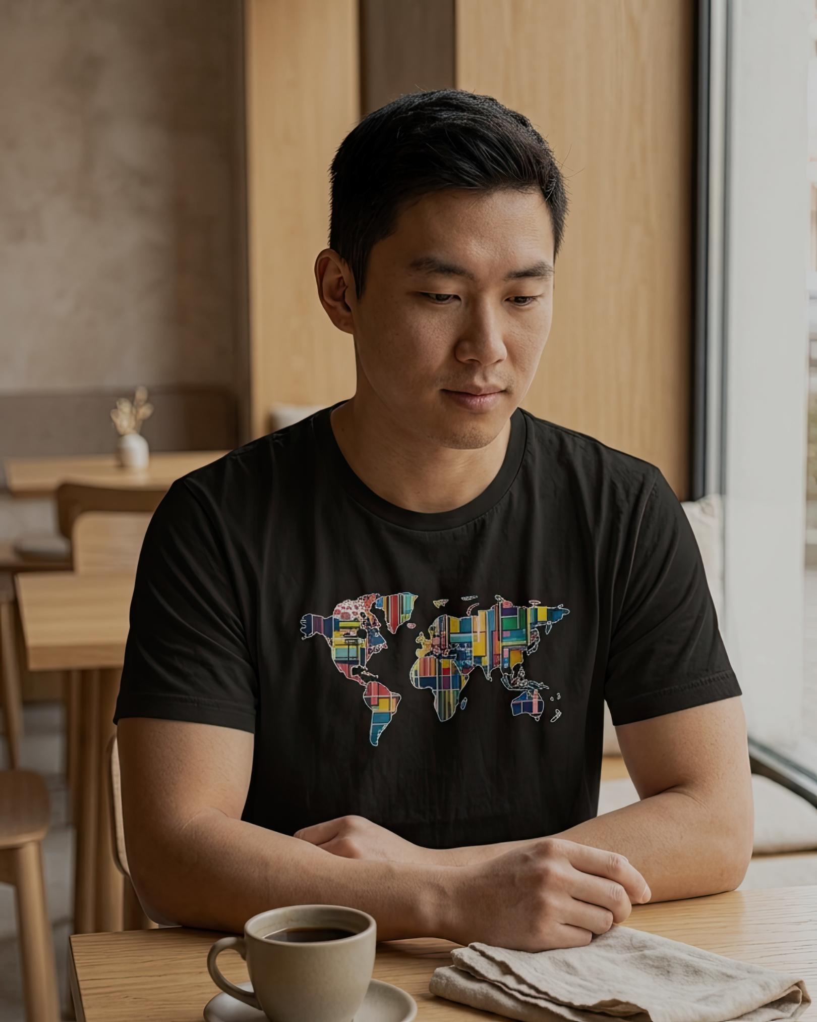 A man sitting at a cafe table wearing a black t-shirt with a colorful world map graphic on the chest. A cup of coffee and a napkin are on the table in front of him.