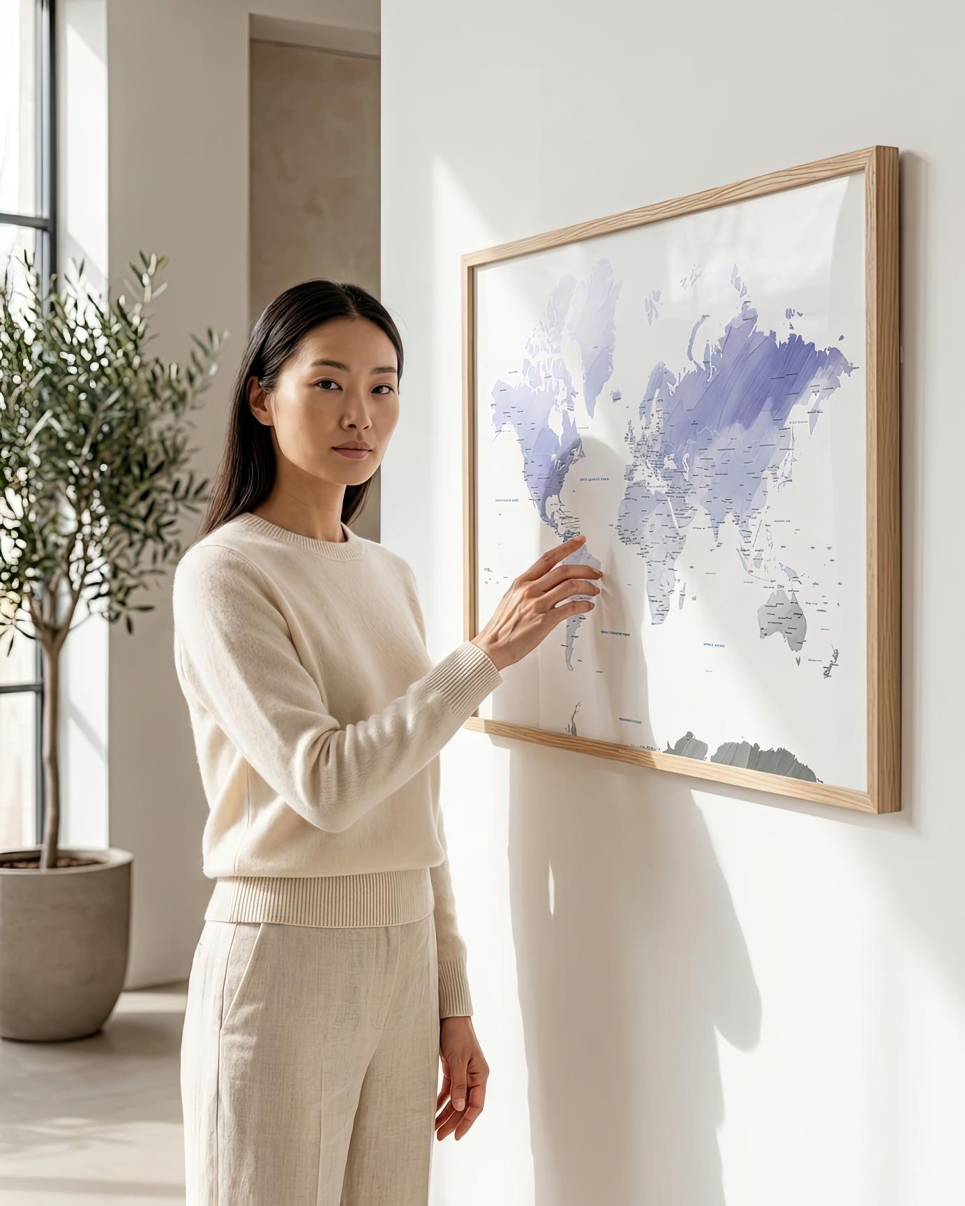 A woman in a cream knit sweater and matching pants stands beside a large framed world map hanging on a white wall in a bright, modern room.