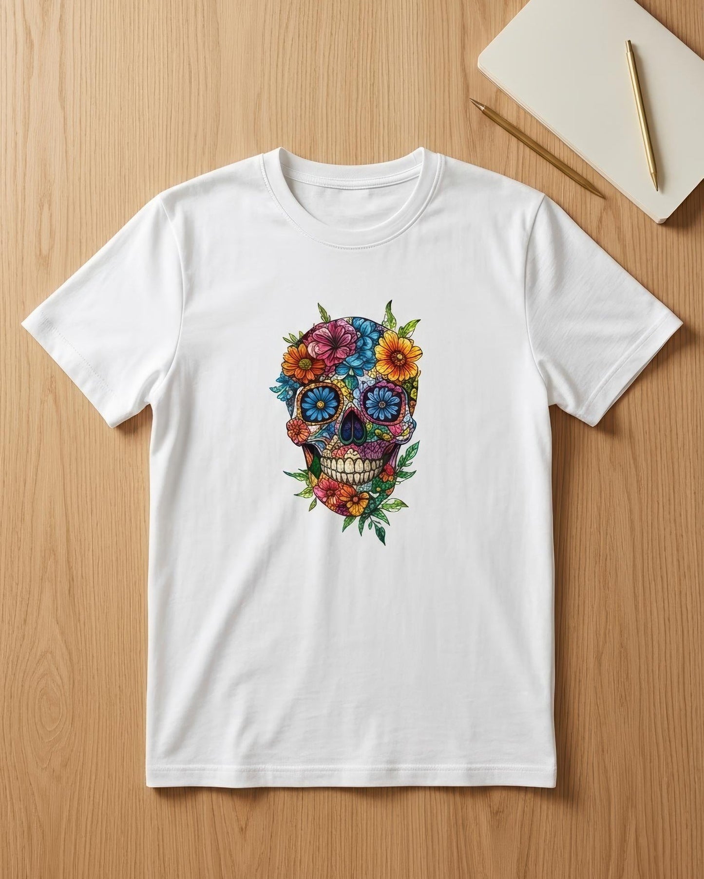 A white short-sleeve crewneck t-shirt featuring a colorful sugar skull graphic with flowers, laid flat on a light wood background next to a notebook and pencil.