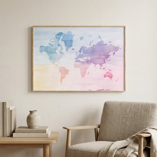 Pastel Watercolour World Map Print for a Nursery | Soft Baby Room Wall Art