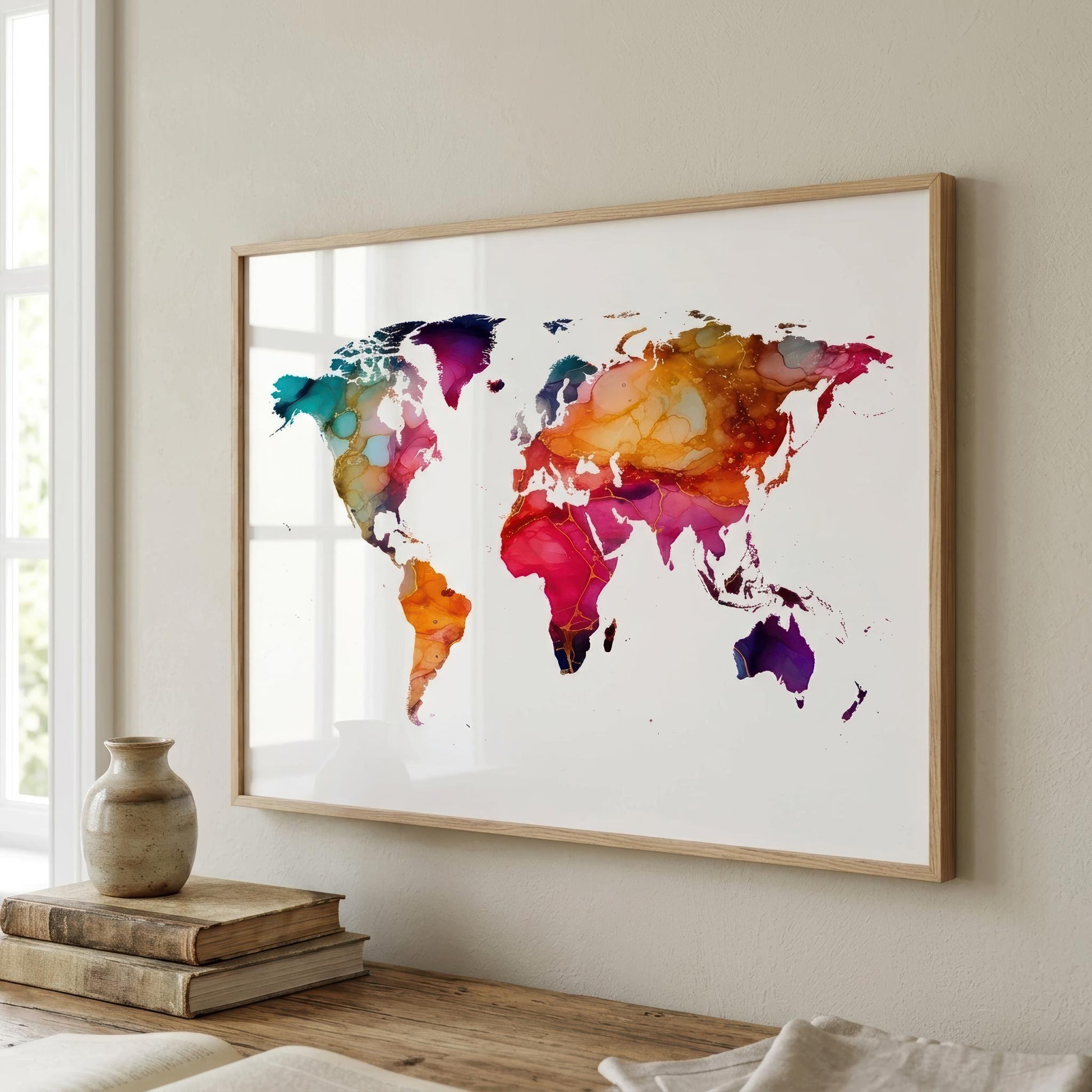 A framed world map watercolor print hangs on a light beige wall above a wooden table with stacked books and a small vase. The map features vibrant, multicolored watercolor continents on a white background, enclosed in a light natural wood frame.