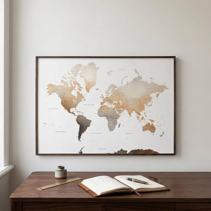 A framed world map print with a minimalist design hangs on a light gray wall above a wooden desk with an open notebook and pen.