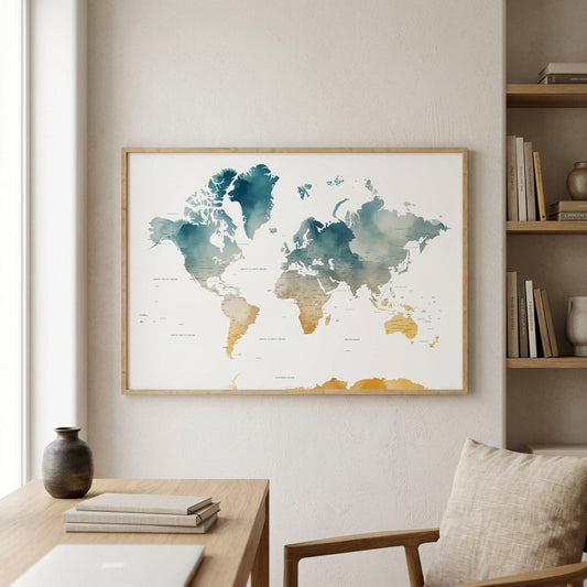 A framed world map poster with watercolor-style continents in teal, blue, and gold tones on a white background, displayed on a light beige wall in a styled room with a wooden desk, chair, and bookshelf.