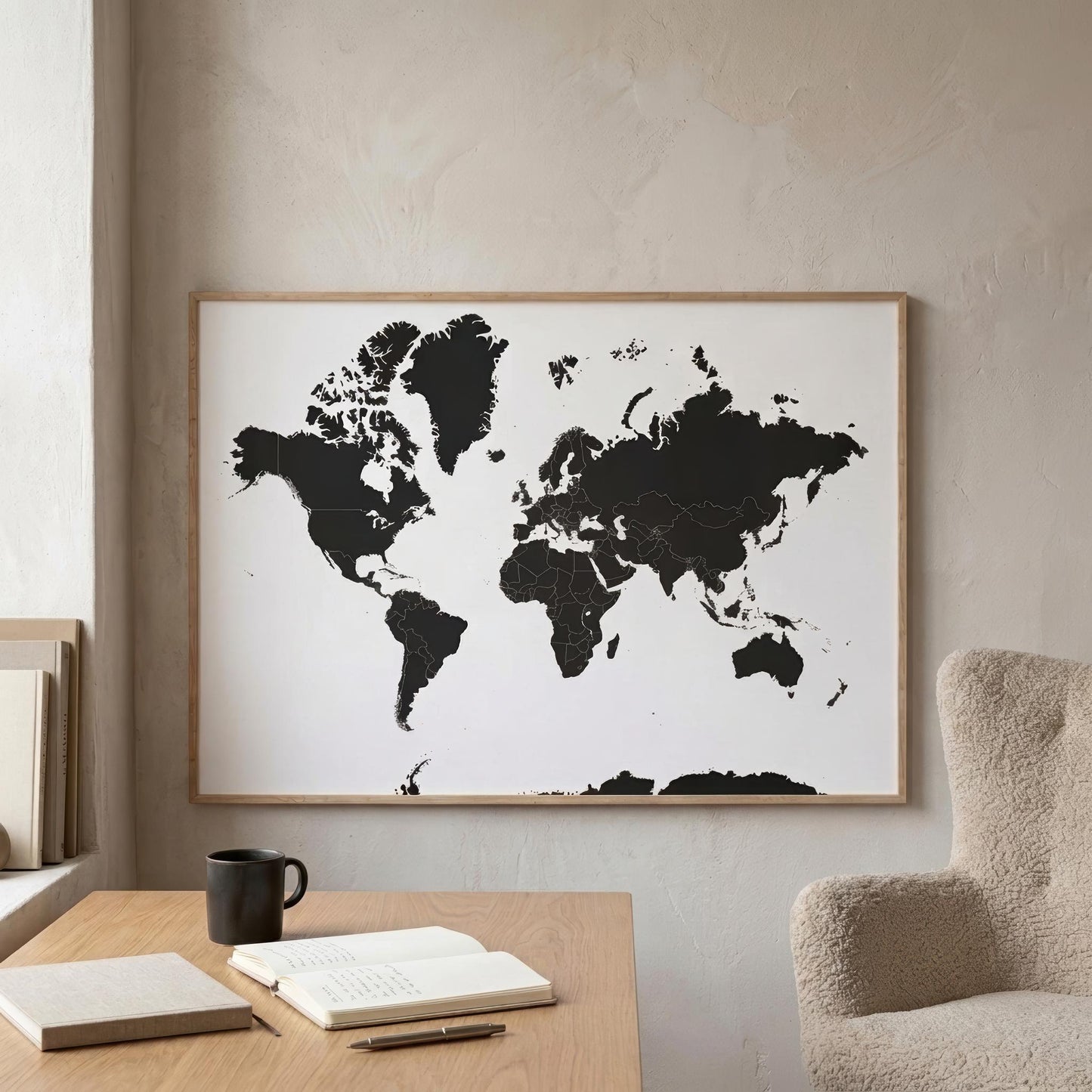 A framed world map wall art print with black continents on a white background, hanging on a beige wall above a wooden desk with an open notebook, a black mug, and a chair in a softly lit room.