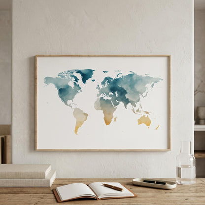 A framed world map watercolor print hangs on a light beige wall above a wooden table with an open notebook, pen, tray, and a glass bottle.