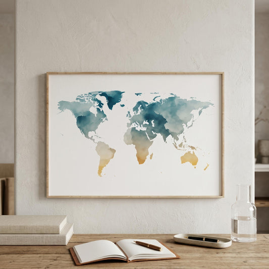 A framed world map watercolor print hangs on a light beige wall above a wooden table with an open notebook, pen, tray, and a glass bottle.