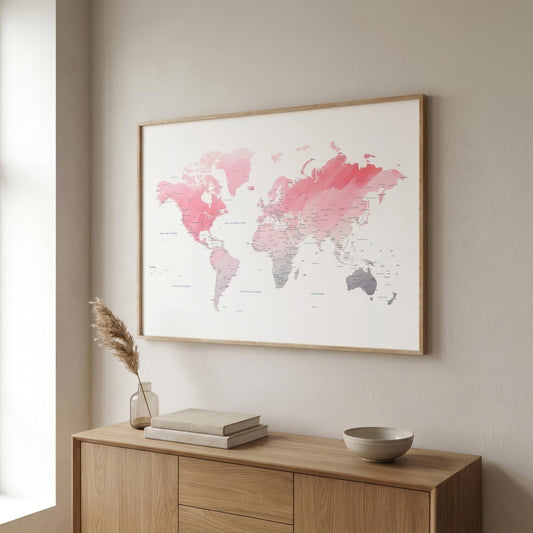 A framed world map art print with pink, red, and gray watercolor-style continents on a white background, hanging on a beige wall above a light wood sideboard with books and a vase.