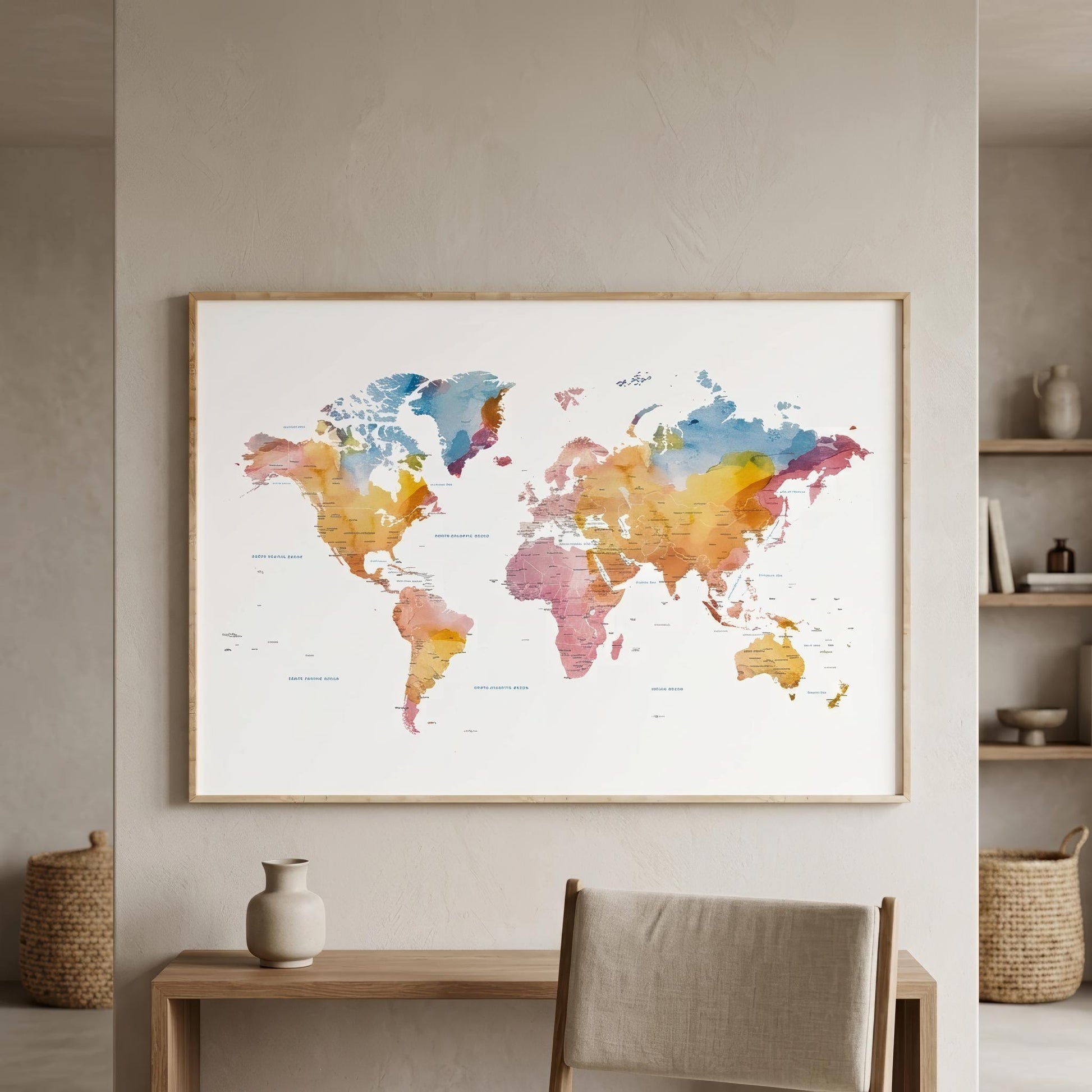 A framed world map watercolor print hangs on a beige wall above a wooden console table and chair, with woven baskets and shelves in the background.