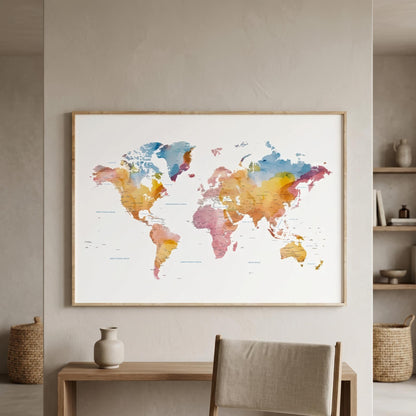 A framed world map watercolor print hangs on a beige wall above a wooden console table and chair, with woven baskets and shelves in the background.