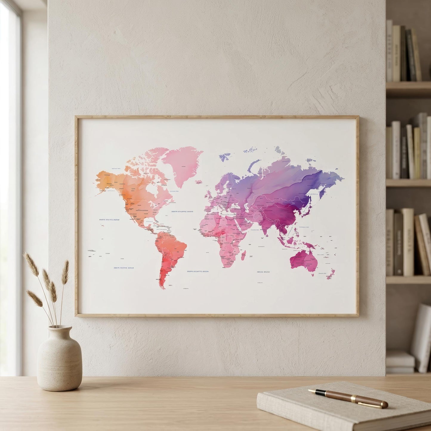 A framed world map poster with a watercolor design in pink, orange, and purple tones, displayed on a light beige wall above a wooden desk with a vase and notebook.