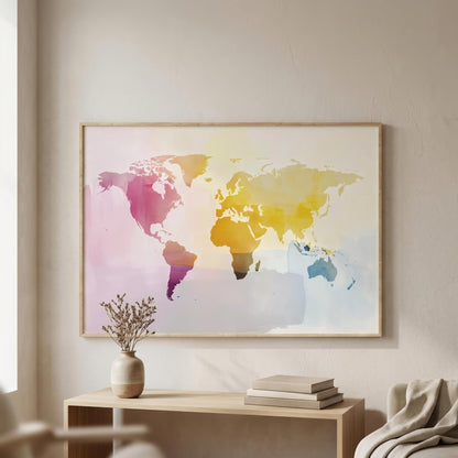 A framed world map poster with a watercolor design in pastel pink, yellow, blue, and purple tones, hanging on a beige wall above a light wood console table with a vase and books.