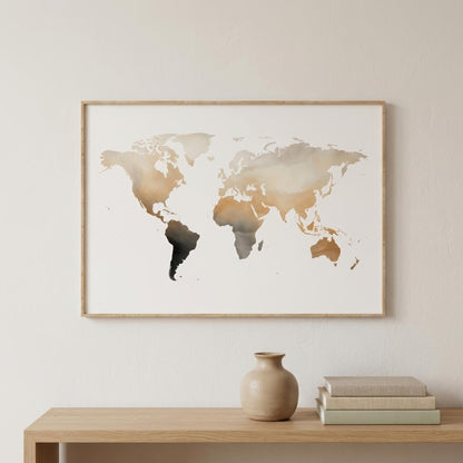 Framed world map wall art with a watercolor-style finish in beige, brown, and black tones, hanging on a light wall above a wooden console table with a vase and books.