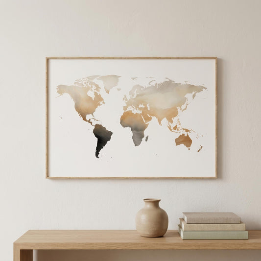Framed world map wall art with a watercolor-style finish in beige, brown, and black tones, hanging on a light wall above a wooden console table with a vase and books.