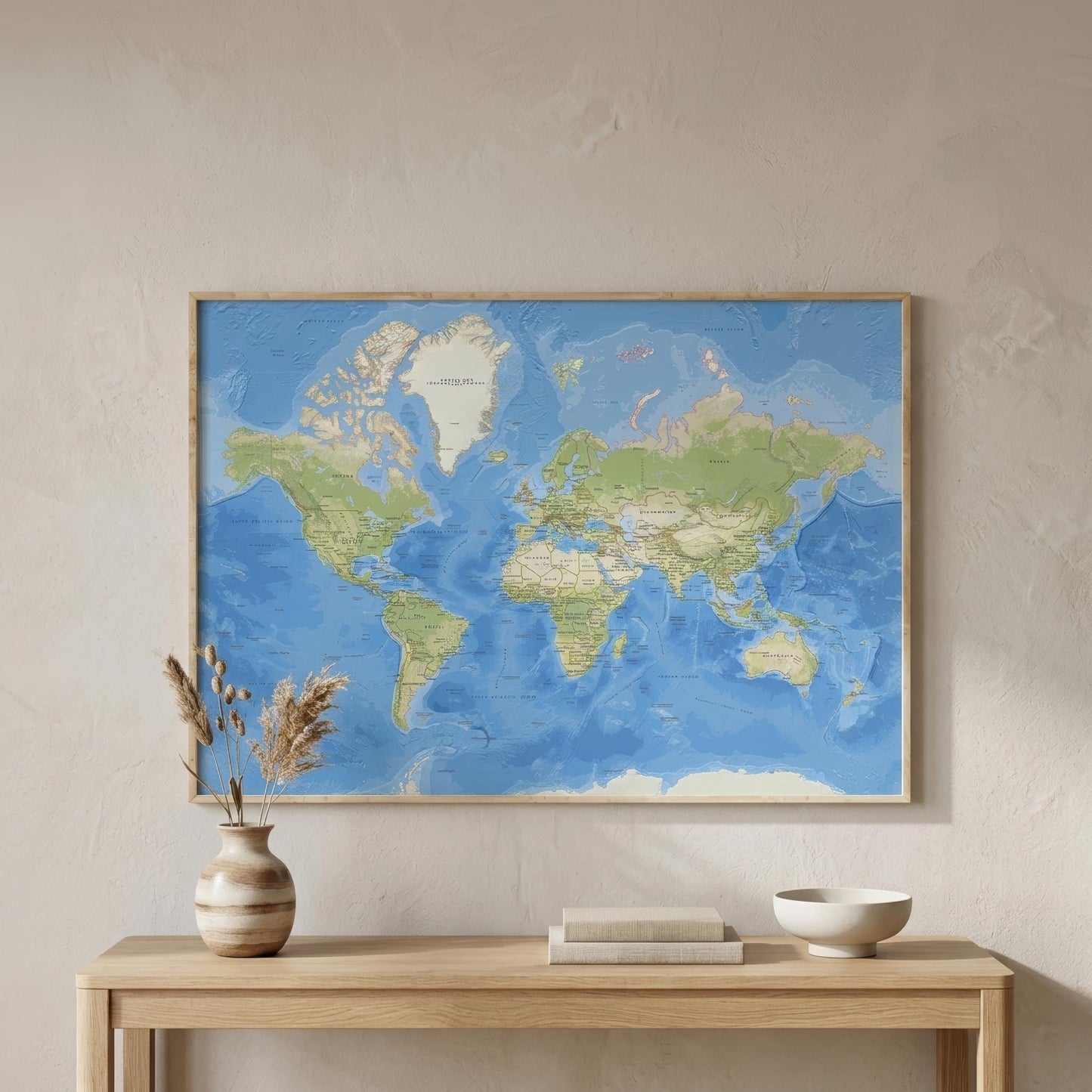 A framed world map poster hangs on a textured beige wall above a light wood console table. The map features blue oceans and green landmasses, enclosed in a light wood frame.