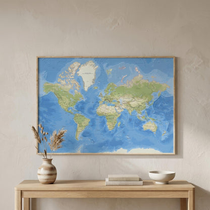 A framed world map poster hangs on a textured beige wall above a light wood console table. The map features blue oceans and green landmasses, enclosed in a light wood frame.