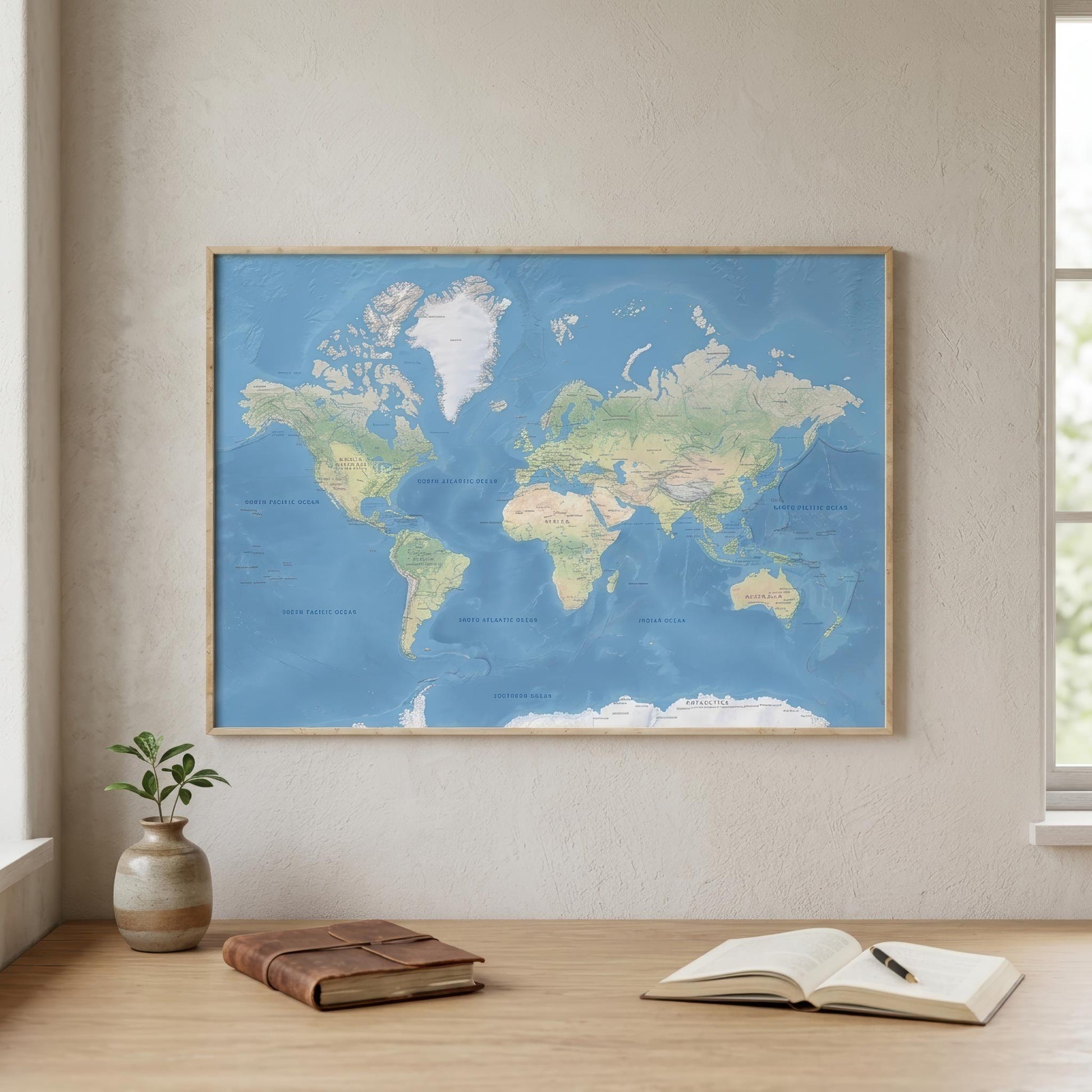 A framed world map poster with a light blue ocean background and beige continents, hanging on a textured beige wall above a wooden desk with an open book, a closed leather-bound book, and a small potted plant.