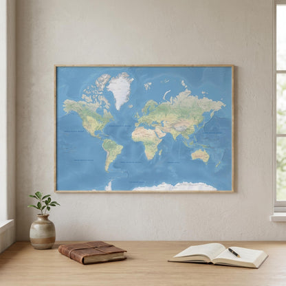 A framed world map poster with a light blue ocean background and beige continents, hanging on a textured beige wall above a wooden desk with an open book, a closed leather-bound book, and a small potted plant.