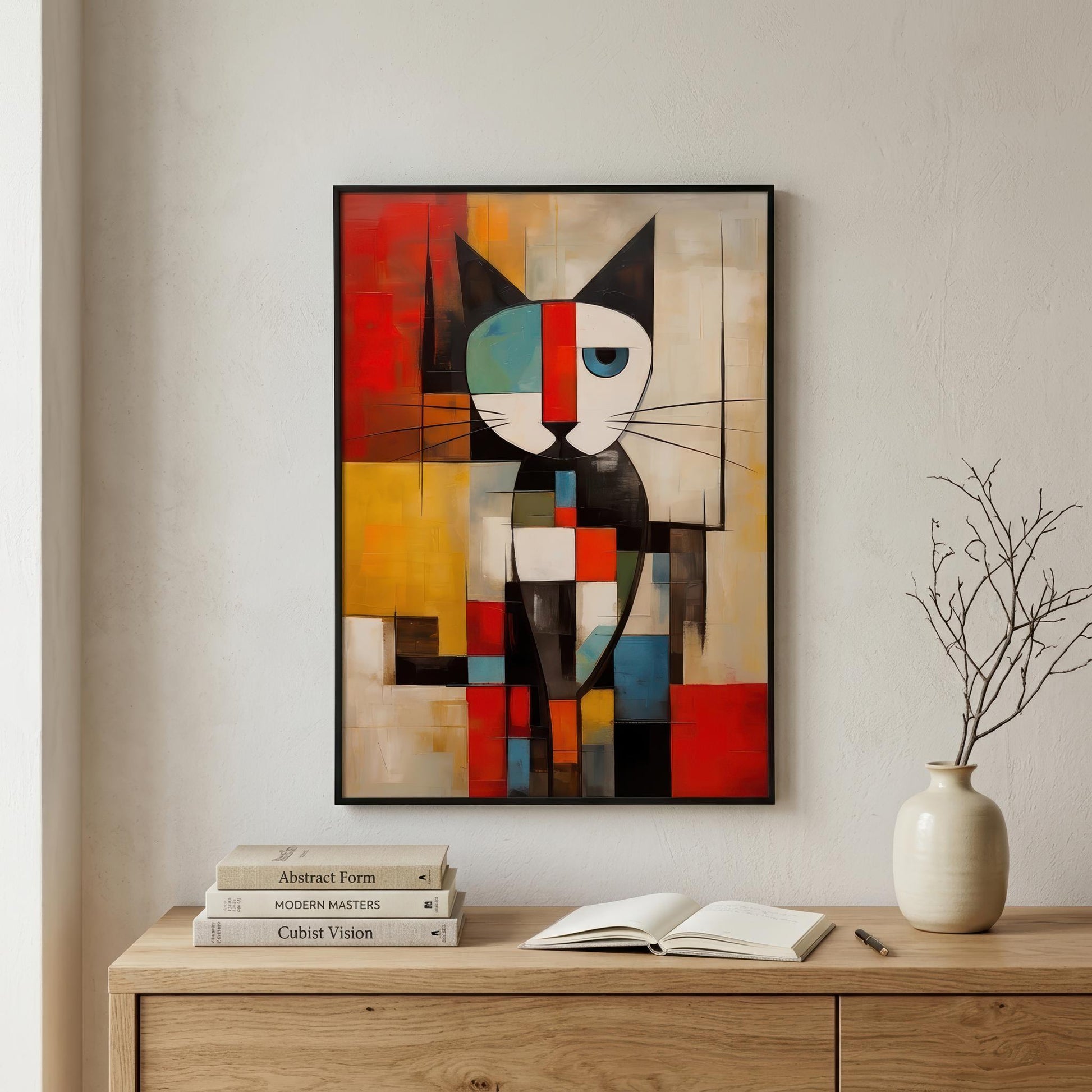 A framed abstract cubist-style cat painting hangs on a light beige wall above a wooden console table. The artwork features bold geometric blocks of red, yellow, black, blue, and cream.