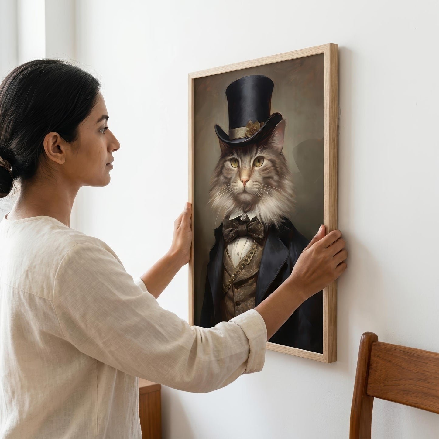 A woman in a beige shirt hangs a framed portrait of a cat dressed in a black top hat and formal coat against a white wall.