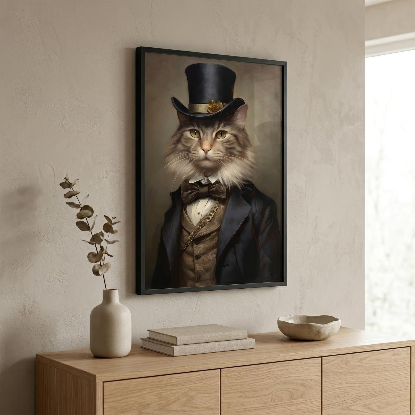 A framed vertical canvas print of a cat dressed in Victorian formalwear, hanging on a textured beige wall above a light wood console table with a vase, books, and a bowl.
