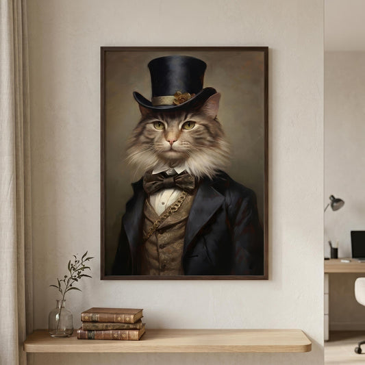 A framed vertical portrait print of a fluffy cat dressed in formal Victorian-style clothing, including a top hat, bow tie, and waistcoat, hanging on a beige wall above a wooden console table with books and a small vase.