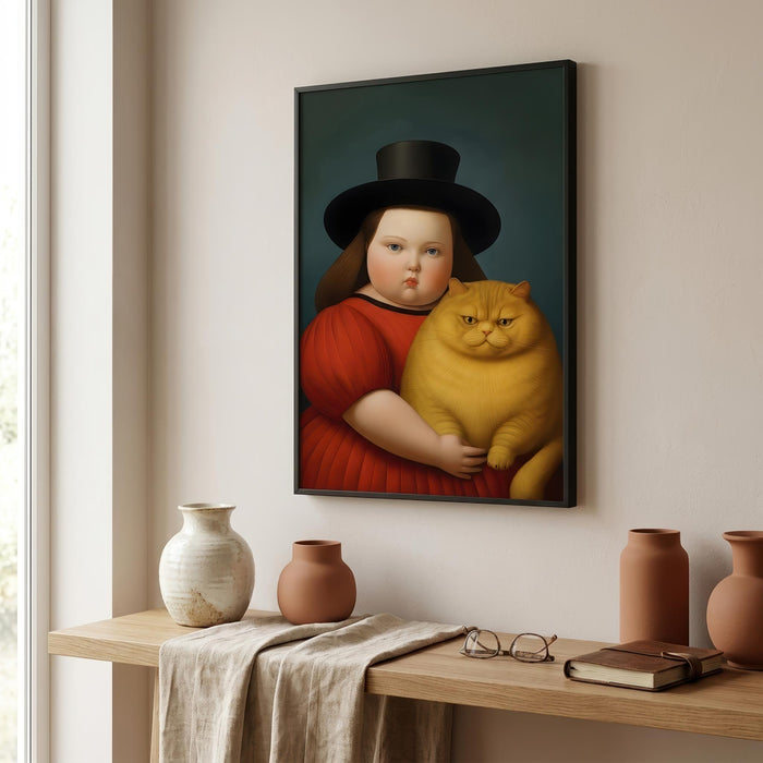 A framed vertical portrait print hangs on a beige wall above a wooden console table. The artwork depicts a child in a red dress and black top hat holding a large yellow cat against a dark teal background.