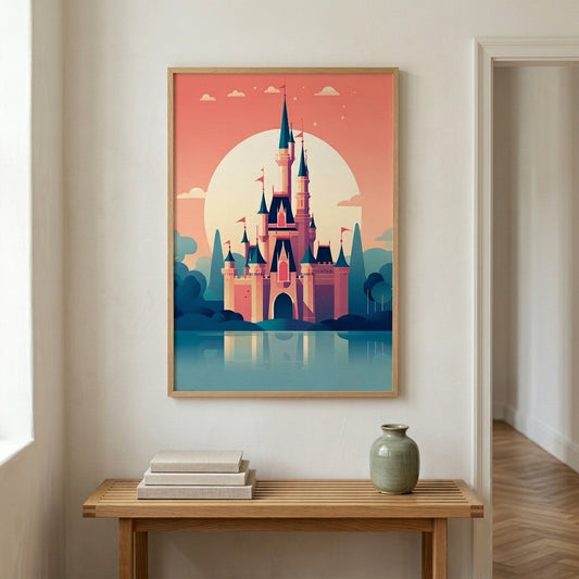 A framed art print of a stylized pink castle at sunset, displayed on a white wall above a wooden console table with books and a vase.
