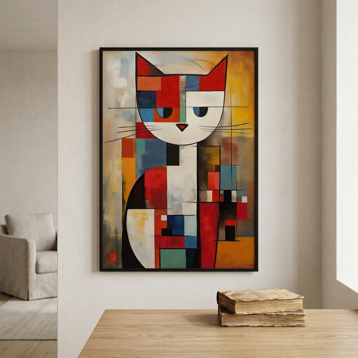 A framed abstract geometric cat painting hangs on a beige wall above a wooden table with stacked books. The artwork uses bold blocks of red, orange, yellow, blue, black, and white, with a white cat face and geometric body shapes.