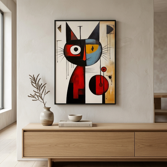 A framed abstract geometric cat painting hangs on a light beige wall above a wooden console table. The artwork features a stylized cat face in black, red, blue, yellow, and white, with dripped paint details.