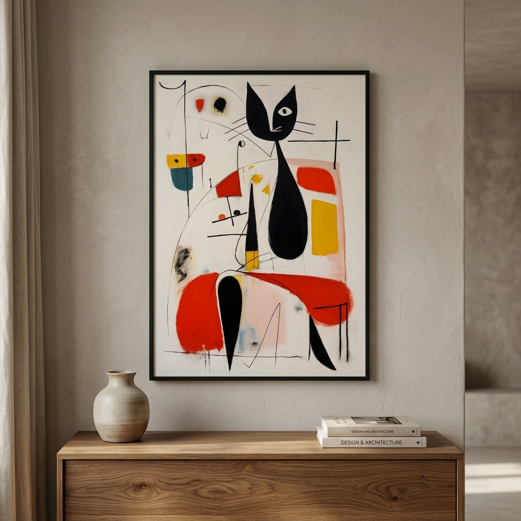 A framed abstract art print featuring a stylized black cat and geometric shapes in red, yellow, blue, and black on a white background, displayed on a beige wall above a wooden console table with a vase and books.