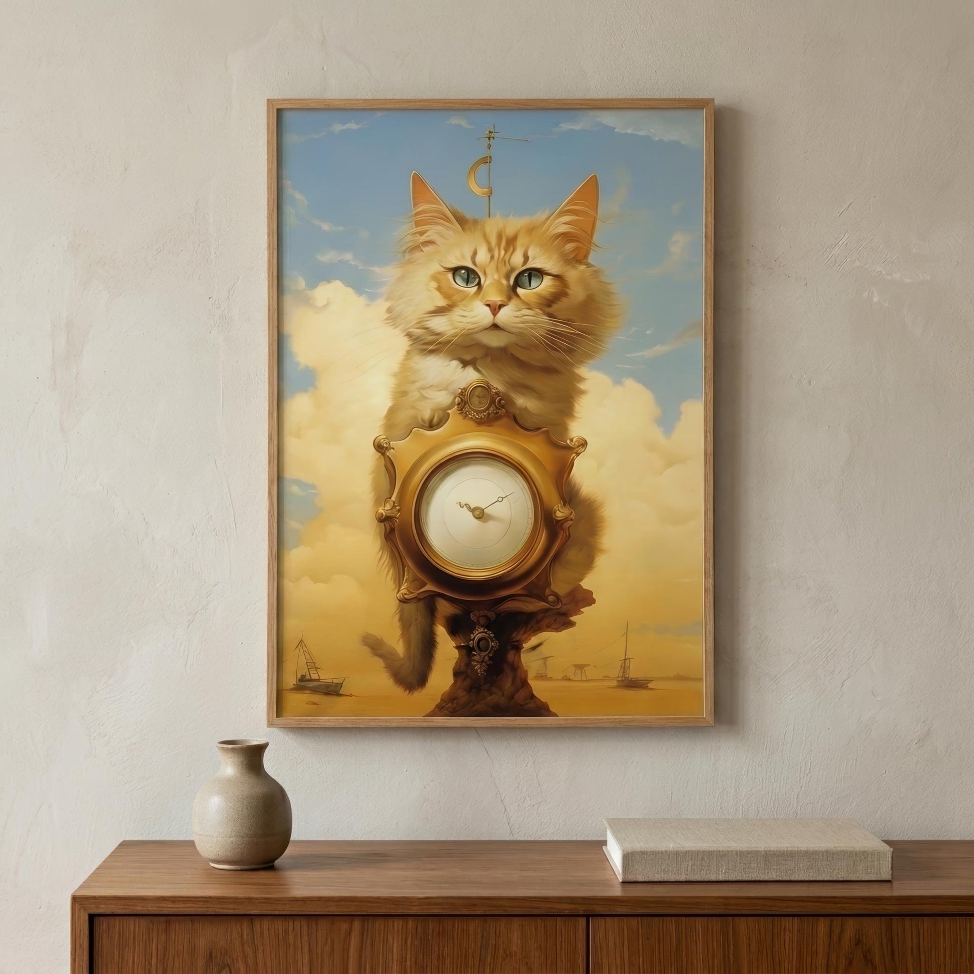 A framed vertical art print featuring a fluffy orange cat perched on a large clock against a blue sky and golden clouds, displayed on a light wall above a wooden cabinet with a vase and book.