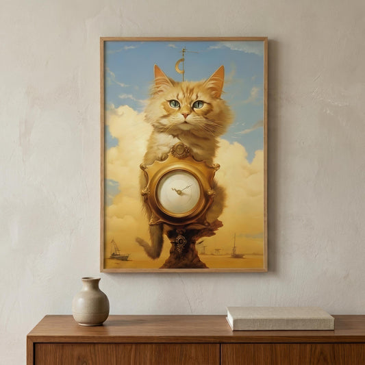 A framed vertical art print featuring a fluffy orange cat perched on a large clock against a blue sky and golden clouds, displayed on a light wall above a wooden cabinet with a vase and book.