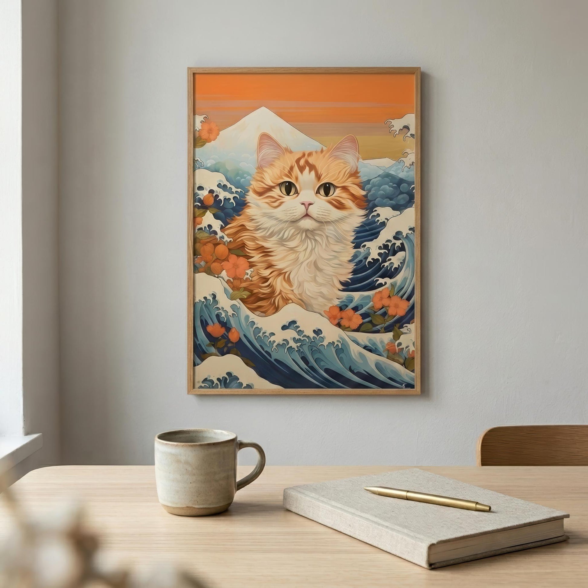 A framed art print featuring an orange tabby cat in a Japanese wave painting style, hanging on a light gray wall above a wooden table with a mug and notebook.