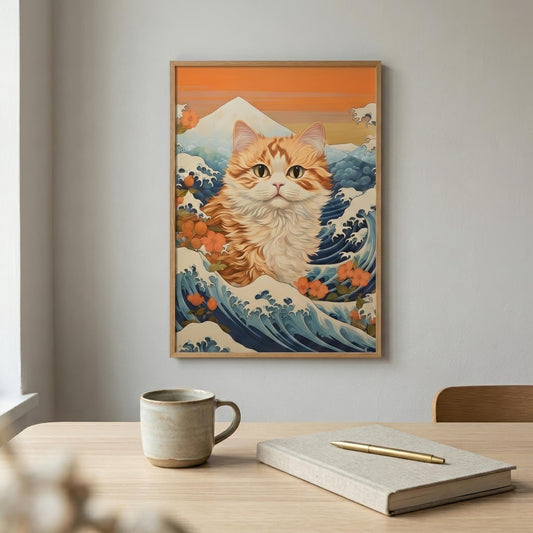 A framed art print featuring an orange tabby cat in a Japanese wave painting style, hanging on a light gray wall above a wooden table with a mug and notebook.