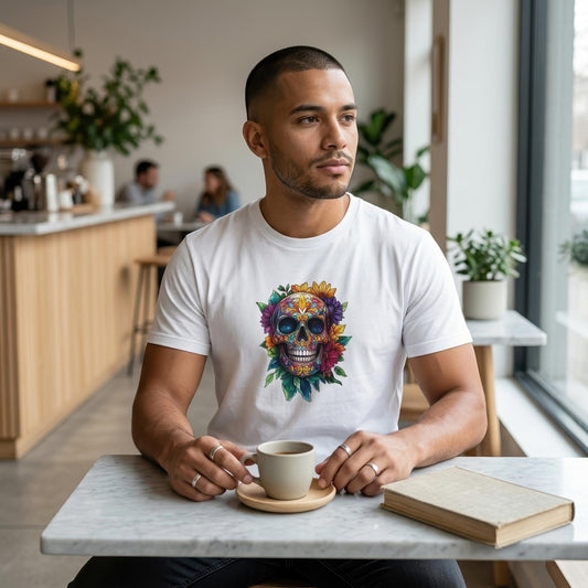 A man sitting at a cafe table wearing a white t-shirt with a colorful sugar skull graphic, holding a cup and saucer next to a book.