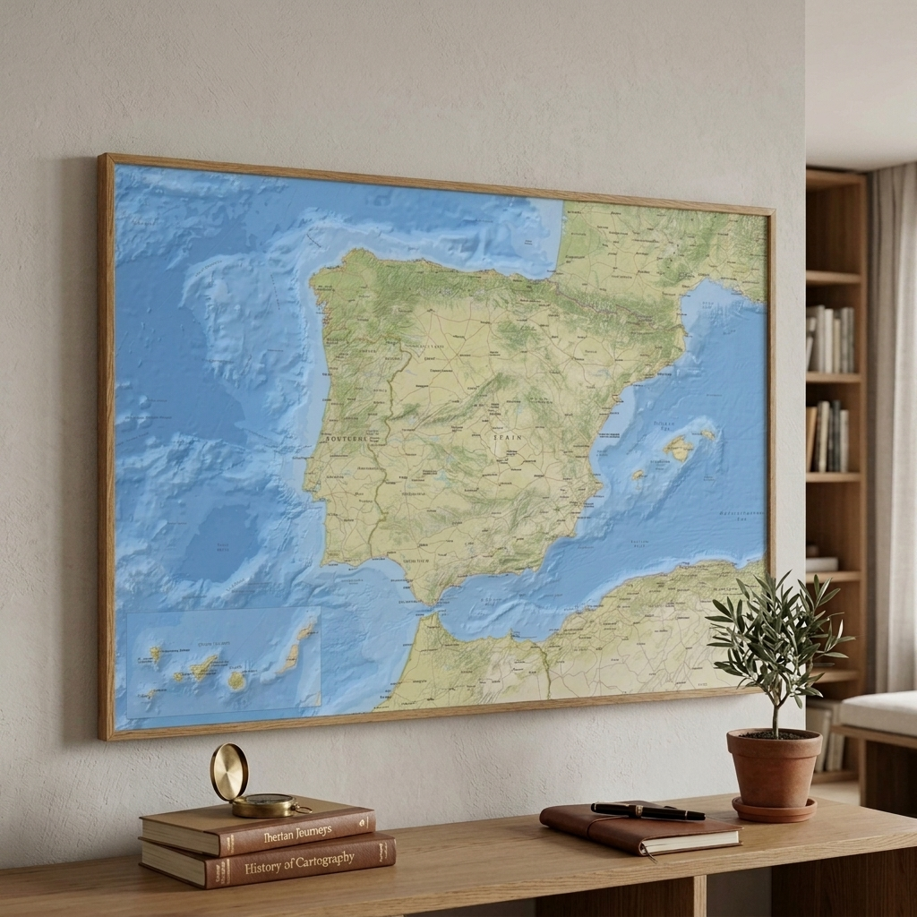 A large framed world map print of Spain and surrounding seas hangs on a beige wall above a wooden console table in a styled room. The print shows light blue oceans and green-beige landmasses, with a light wood frame.