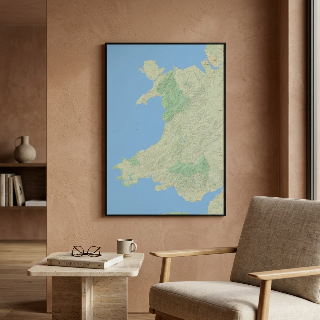 A framed topographical map print of Wales hangs on a textured terracotta wall in a modern living room setting with a beige armchair and a small side table.