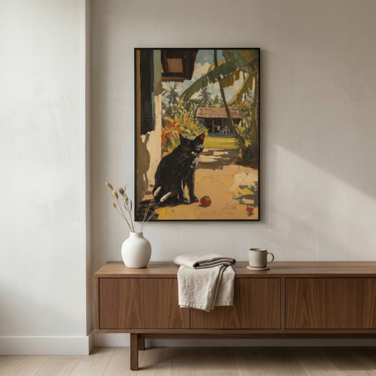 A framed vertical art print depicting a black cat in a tropical courtyard, displayed on a beige wall above a wooden sideboard with a white vase and a mug.