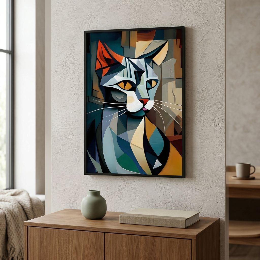 A framed abstract geometric cat wall art print hangs on a textured beige wall above a wooden console table in a modern living room setting.