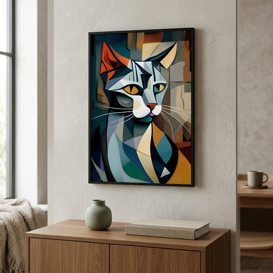 A framed abstract geometric cat wall art print hangs on a textured beige wall above a wooden console table in a modern living room setting.