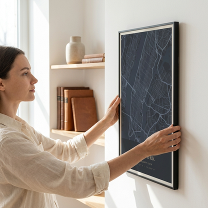 A woman in a cream linen shirt hangs a framed city map print on a white wall in a bright room. The print features a dark navy blue background with light blue street lines and white text at the bottom.