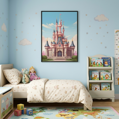 A framed vertical canvas print of a fairytale castle in a pastel sky hangs on a light blue wall above a child's bed in a styled bedroom. The room features a white bed with cream bedding, a white bookshelf with children's books, and a colorful animal-themed rug.